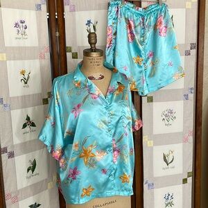 Premiere Intimates Plus, satin summer pajama set, shorts w top, blue w tropical